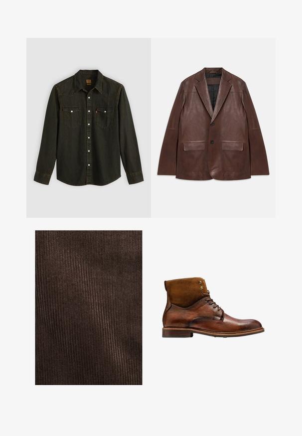 Blazer de cuero marrón oscuro con solapas de pico, dos botones negros, bolsillos con tapa y forro interior negro, dispuesto sobre un fondo blanco.; Camisa de mezclilla negra de manga larga con cuello puntiagudo, dos bolsillos en el pecho, botones plateados y detalles de costura amarilla. Diseño clásico western.; Tejido de pana marrón con costillas verticales, textura suave y un color profundo y rico, adecuado para tapicería o ropa.; Kazar ALID - Botines con cordones - brown