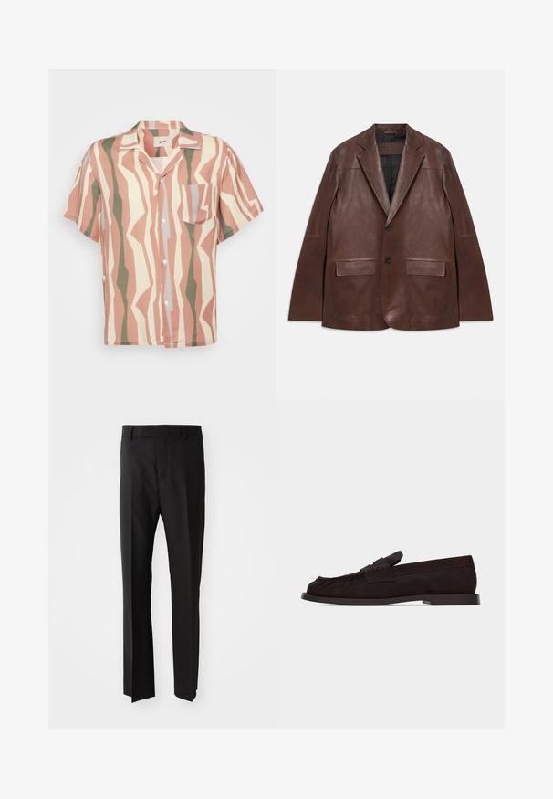 Mørkebrun læderblazer med spidse klapper, to sorte knapper, klaplommer og sort foring, lagt fladt på hvid baggrund.; Kortærmet button-up skjorte med et lyserødt, beige og grønt zigzag mønster; inkluderer en enkelt brystlomme og hvide knapper.; Sorte bukser med lige pasform, lavet af glat stof, med en talje der har bæltestropper og sidelommer. Ingen synlige mønstre eller detaljer.; Mørkebrun ruskind penny loafer med lav hæl og moc tå-syning, vist i sideprofil mod hvid baggrund.