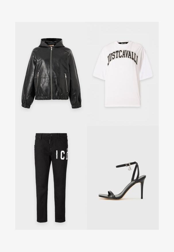 Schwarze, glänzende Lederjacke mit Kapuze, vorderem Reißverschluss und zwei vertikalen Reißverschlusstaschen, elastischen Bündchen und Bund.; Weißes T-Shirt mit kurzen Ärmeln und übergroßer Passform, bedruckt mit "JUST CAVALLI" in großen schwarzen und beigen Buchstaben über der Brust.; Schwarze Denim-Jeans mit schmaler Passform. Merkmale sind weißer Grafiktext auf der Vorderseite, fünf Taschen und ein Knopfverschlus. Glatte Textur.; Schwarze High-Heel-Sandale mit schmalem Knöchelriemen, quadratischer Zehenbox, glattem Leder und metallischem Schnallenakzent.