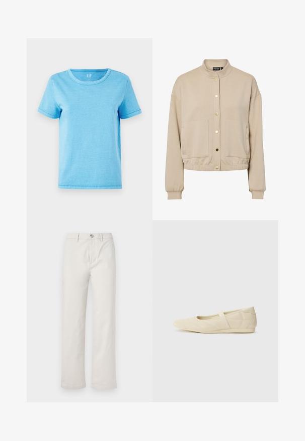 Chaqueta beige de manga larga con cuello alto, botones de presión dorados en la parte delantera, dos grandes bolsillos frontales y cintura y puños elásticos.; Camiseta de algodón de color azul claro con cuello redondo, mangas cortas y detalles de costura visibles en los dobladillos. Diseño simple y sin adornos.; Pantalones de pierna ancha en color beige claro, fabricados en algodón, con cierre de botón en la parte delantera, bolsillos laterales y una textura limpia y suave.; Bailarinas beige con un exterior de cuero liso, punta en forma de almendra y una correa elástica en el empeine, con detalles de costura sutiles.