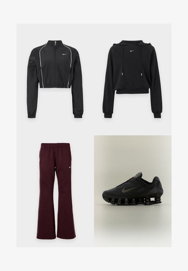 Sort kort jakke lavet af letvægtsstof, med fuld lynlås, høj krave, elastiske manchetter og hvide dekorative striber langs sømmene.; Sort cropped hættetrøje med lange ærmer, snøre i hætten, ribkant ved ærmer og talje, med lille hvid Nike-logo på brystet.; Bordeauxfarvede træningsbukser med flagrende design, elastisk talje og sidelommer. Har hvide kantbånd og et lille logo på forsiden.; Sort Nike-sneaker med lynlåsfunktion øverst og karakteristisk fjederlignende opdelt sål, vist i sideprofil mod en neutral baggrund.