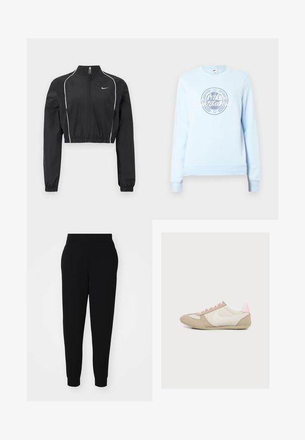 Schwarze, kurze Jacke aus leichtem Stoff, mit durchgehendem Reißverschluss, hohem Kragen, elastischen Bündchen und weißen Akzentnähten entlang der Nähte.; Helles blaues Sweatshirt aus weichem Material, mit einem runden Logodesign in Dunkelblau und Text, sowie gerippten Ärmelbündchen und Saum.; Schwarze Jogginghosen aus weichem Stoff, mit schmal zulaufendem Bein, elastischem Bund und gerippten Bündchen sowie Seitennähten für einen maßgeschneiderten Look.; Hellbeige und pinker Nike-Sneaker mit weißem Swoosh-Logo, Wildleder an Zehen- und Fersenbereich sowie pinken Schnürsenkeln, von der Seite auf weißem Hintergrund gezeigt.