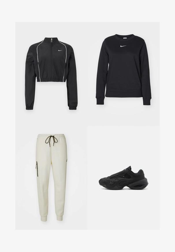 Sort kort jakke lavet af letvægtsstof, med fuld lynlås, høj krave, elastiske manchetter og hvide dekorative striber langs sømmene.; Sort sweatshirt lavet af bomuldsblanding, med ribbede manchetter og kant, rund halsudskæring og sølvfarvet Nike-logo på brystet.; Cremefarvede joggerbukser med elastisk talje, justerbar snor, sidelommer og en lynlåslomme på venstre lår.; Sort atletiksneaker med meshpaneler, tyk, polstret sål og lille swoosh-logo på siden, fotograferet mod en ensartet baggrund.