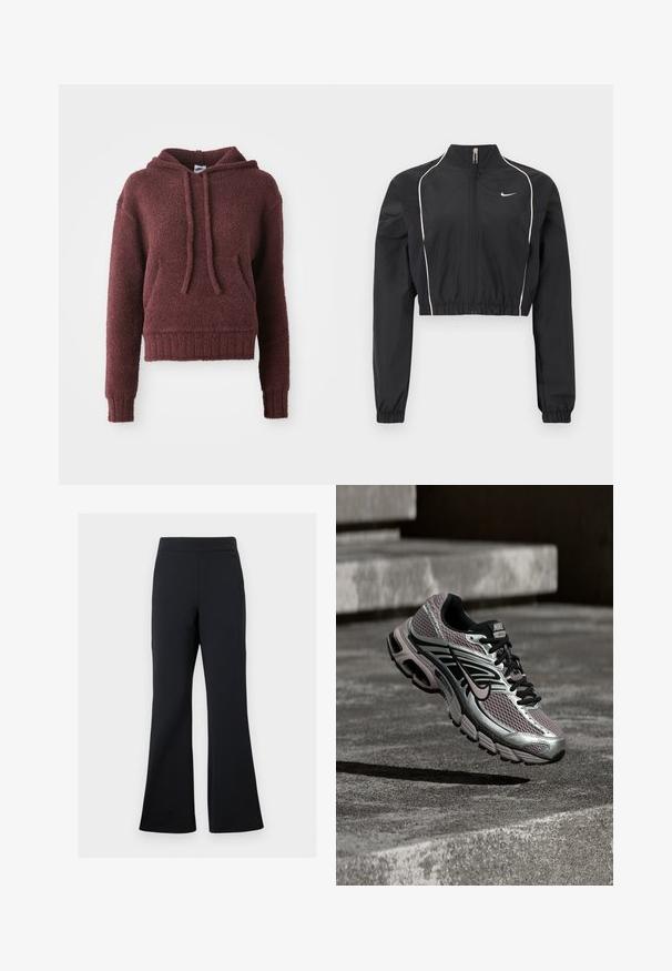 Sort kort jakke lavet af letvægtsstof, med fuld lynlås, høj krave, elastiske manchetter og hvide dekorative striber langs sømmene.; Bordeaux pullover hættetrøje lavet af blød, struktureret stof, med en front kangaroo lomme, snoretræk i hætten og ribbet kant og manchetter.; Sorte flared bukser lavet af blødt stof med elastisk talje og en diskret sidelomme, der har en glat tekstur og minimalistisk design.; Nike Air Max løbesko med sølv, sort og lilla mesh, vist i luften over en betonoverflade og trin.