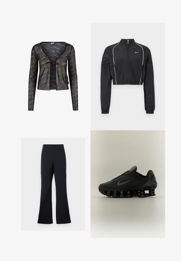 Sort kort jakke lavet af letvægtsstof, med fuld lynlås, høj krave, elastiske manchetter og hvide dekorative striber langs sømmene.; Sort transparent cardigan med lange ærmer, dyb V-hals, bindebåndslukning og et gennemgående "Karl Kani" logo mønster.; Sorte flared bukser lavet af blødt stof med elastisk talje og en diskret sidelomme, der har en glat tekstur og minimalistisk design.; Sort Nike-sneaker med lynlåsfunktion øverst og karakteristisk fjederlignende opdelt sål, vist i sideprofil mod en neutral baggrund.