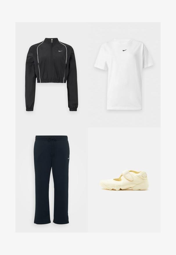 Sort kort jakke lavet af letvægtsstof, med fuld lynlås, høj krave, elastiske manchetter og hvide dekorative striber langs sømmene.; Hvid t-shirt med korte ærmer og rund halsudskæring med et lille sort Nike Swoosh-logo centreret nær kraven.; Sorte sweatpants med elastisk talje og justerbar snor. Har et lille hvidt Nike-logo på venstre side. Blød stofstruktur.; Beige sportssko med tyk sål, udskæringsdesign og to justerbare velcroremme på hvid baggrund.