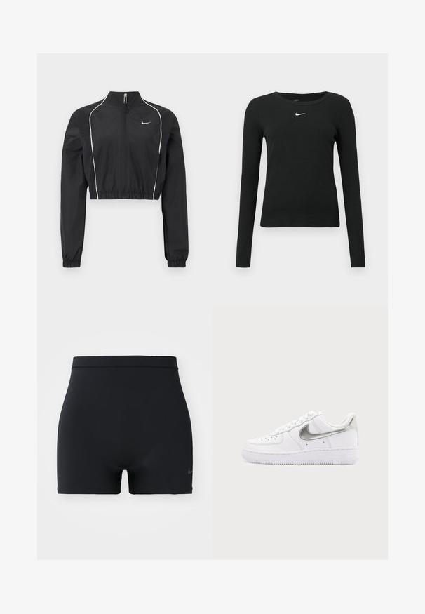 Schwarze, kurze Jacke aus leichtem Stoff, mit durchgehendem Reißverschluss, hohem Kragen, elastischen Bündchen und weißen Akzentnähten entlang der Nähte.; Schwarzes, eng anliegendes Langarmshirt aus Rippstoff, mit rundem Ausschnitt und einem dezenten weißen Nike-Logo auf der Brust.; Schwarze Sportshorts aus glattem, elastischem Material, mit einem mittelhohen Bund und einem kleinen Nike-Logo auf der linken Seite.; Weißer Low-Top-Sneaker mit metallisch silbernem Nike-Swoosh und weißen Schnürsenkeln auf schlichtem hellgrauem Hintergrund.