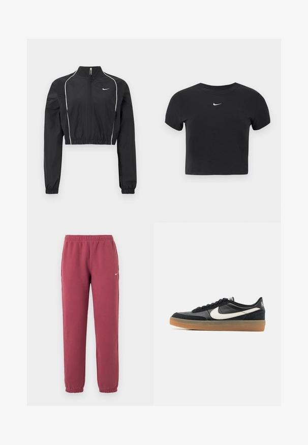 Veste courte noire en tissu léger, dotée d'une fermeture éclair intégrale, d'un col haut, de poignets élastiques et de passepoils blancs le long des coutures.; T-shirt court noir en coton, avec un col rond et des manches courtes. Logo Nike blanc notable sur la poitrine.; Pantalon de jogging en polaire bordeaux avec taille et poignets élastiques, poches latérales et petit logo Nike Swoosh blanc sur la cuisse gauche.; Chaussure de sport noire avec une tige en cuir texturé, logo swoosh blanc et semelle en caoutchouc gomme. Design à lacets avec rembourrage au niveau du col.