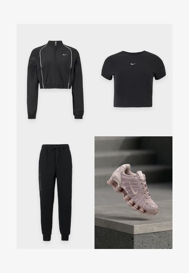 Veste courte noire en tissu léger, dotée d'une fermeture éclair intégrale, d'un col haut, de poignets élastiques et de passepoils blancs le long des coutures.; T-shirt court noir en coton, avec un col rond et des manches courtes. Logo Nike blanc notable sur la poitrine.; Pantalons de sport noirs avec un cordon de serrage à la taille, poche latérale zippée et bas resserrés. Fabriqués en tissu doux et texturé.; Chaussures Nike Air Max en rose clair, avec une tige en mesh, une languette rembourrée et une semelle épaisse transparente au design ondulé.