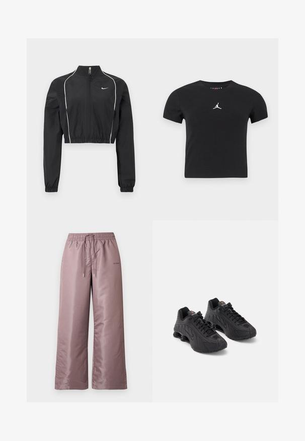 Sort kort jakke lavet af letvægtsstof, med fuld lynlås, høj krave, elastiske manchetter og hvide dekorative striber langs sømmene.; Sort kortærmet cropped T-shirt med hvidt Jumpman-logo centreret på brystet mod en plain baggrund.; Lyserøde bukser med vide ben lavet af glat nylon. Har elastisk talje med snøre og branding på siden.; Sorte atletiske sko med en glat syntetisk overdel, teksturerede detaljer, snørebåndsdesign og synlig fjederaffjedring ved hælen.