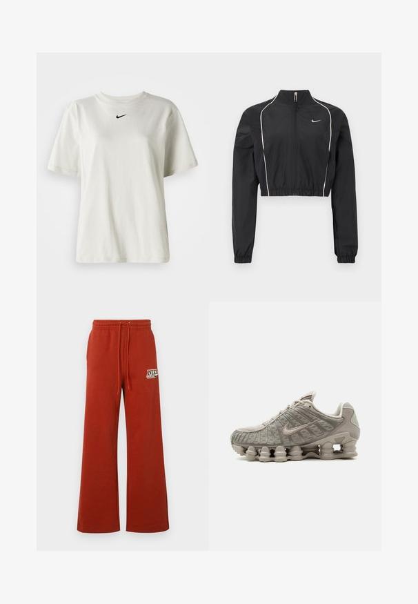 Zwarte cropped jas van lichtgewicht stof, voorzien van een volledige rits, hoge kraag, elastische manchetten en witte accentpiping langs de naden.; Witte katoenen t-shirt met een ronde halslijn en korte mouwen. Heeft een klein zwart Nike-logo op de borst. Eenvoudig en onopgesmukt ontwerp.; Rode wijde joggingbroek met elastische tailleband en trekkoord. Voorzien van een gedrukt Nike-logo aan de linkerkant. Zachte textuur, casual ontwerp.; Lichtbeige Nike Shox sneaker met zichtbare zuilachtige dempende zool en mesh details op het bovenwerk.