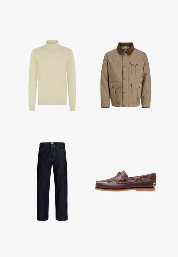 Beige quiltet jakke med brun kordfløjskrave, knaplukning foran og tre klaplommer med knaplukninger.; Lys beige turtleneck sweater med et struktureret strikmønster, lange ærmer og ribbede manchetter og kant. Blødt, hyggeligt stof.; Mørkeblå jeans med lige ben, gul syning, frontknap og lynlås, samt design med fem lommer.; Brun læder bådsko med hvide sømme, snøre detaljer og lysbrun gummisål, vist fra siden på hvid baggrund.