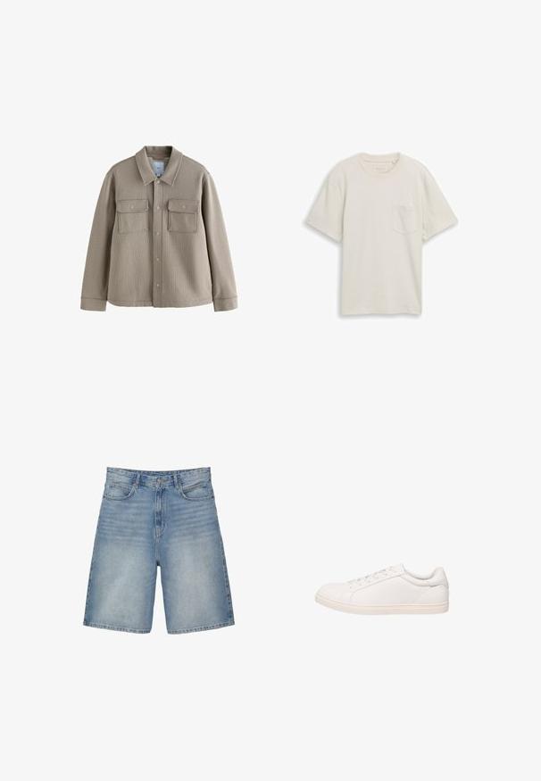 Brun tekstureret jakke med krave, frontknaplukning og to brystlommer. Lavet af vævet stof med markante syninger.; Enkelt off-white T-shirt med korte ærmer, rund hals og en lille lomme på venstre bryst, vist mod en hvid baggrund.; Lyseblå denimshorts med en lige pasform har fem lommer, en lynlås, og en let falmet tekstur.; Hvid lavt sneakersko med snørelukning og flad sål, vist i sideprofil på hvid baggrund.
