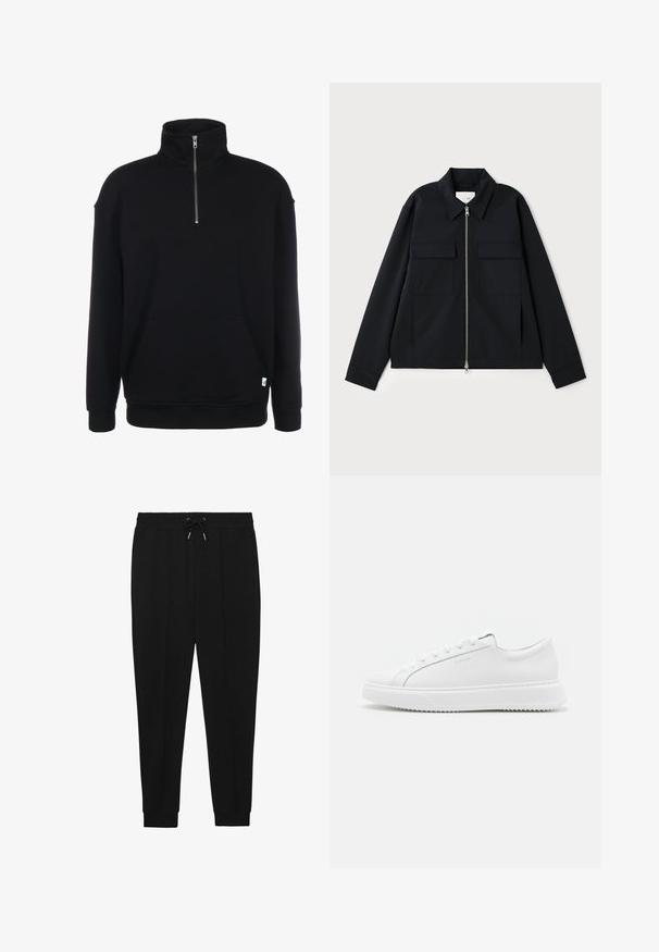 Schwarze Jacke mit einem kragenförmigen Ausschnitt, einem Front-Reißverschluss und zwei Brusttaschen. Hergestellt aus einem glatten Stoff mit einer strukturierten Passform.; Schwarzer Sweatshirt mit Zip-Kragen, langen Ärmeln, weicher Textur, einer Fronttasche und einem kleinen grünen Logo am Saum.; Schwarze Sporthosen mit Kordelzugbund, schmal zulaufenden Beinen und gerippten Bündchen. Hergestellt aus einem weichen Stoff mit glatter Textur.; Weiße Sneakers aus glattem synthetischem Material. Sie verfügen über ein niedriges Design, eine erhöhte weiße Sohle, eine abgerundete Zehenpartie und eine Schnürung mit fünf Ösen.