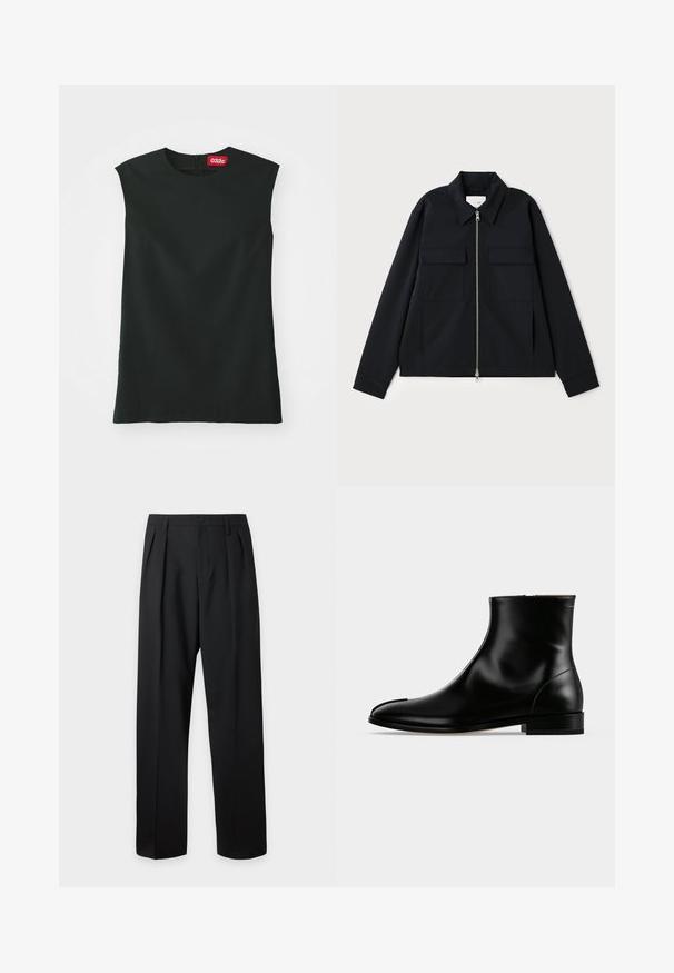 Veste noire avec col, fermeture éclair à l'avant et deux poches poitrine. Fabriquée en tissu lisse avec une coupe structurée.; Un haut sans manches noir avec un col rond, en tissu lisse, et une fermeture éclair au dos. Il présente une petite étiquette rouge avec le logo "032c" au niveau du cou.; Pantalon noir taille haute, sur-mesure, avec passants pour ceinture, plis sur le devant, fermeture par bouton et jambes droites larges sur fond clair.; Bottine en cuir noir poli avec un petit talon et une fermeture éclair latérale, design épuré et lisse sur un fond clair uni.