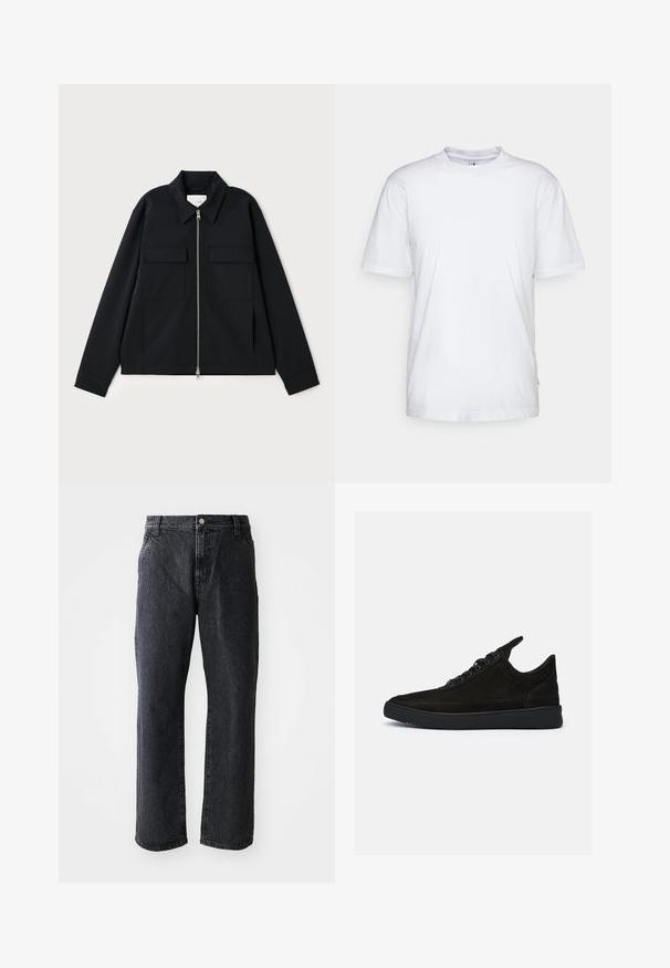 Schwarze Jacke mit einem kragenförmigen Ausschnitt, einem Front-Reißverschluss und zwei Brusttaschen. Hergestellt aus einem glatten Stoff mit einer strukturierten Passform.; Weißes Baumwoll-T-Shirt mit Rundhalsausschnitt, kurzen Ärmeln und geradem Saum. Auf der linken Seitennaht befindet sich ein kleines Markenzeichen.; Schwarze Denim-Jeans mit geradem Schnitt, ausgestattet mit einem Knopfverschluss, fünf Taschen und subtiler Textur. Klassisches Design ohne auffällige Muster.; Schwarze Wildledersneaker mit niedrigem Profil, runder Spitze und strukturiertem Gummisole. Verfügt über fünf Ösen und eine hintere Zuglasche.