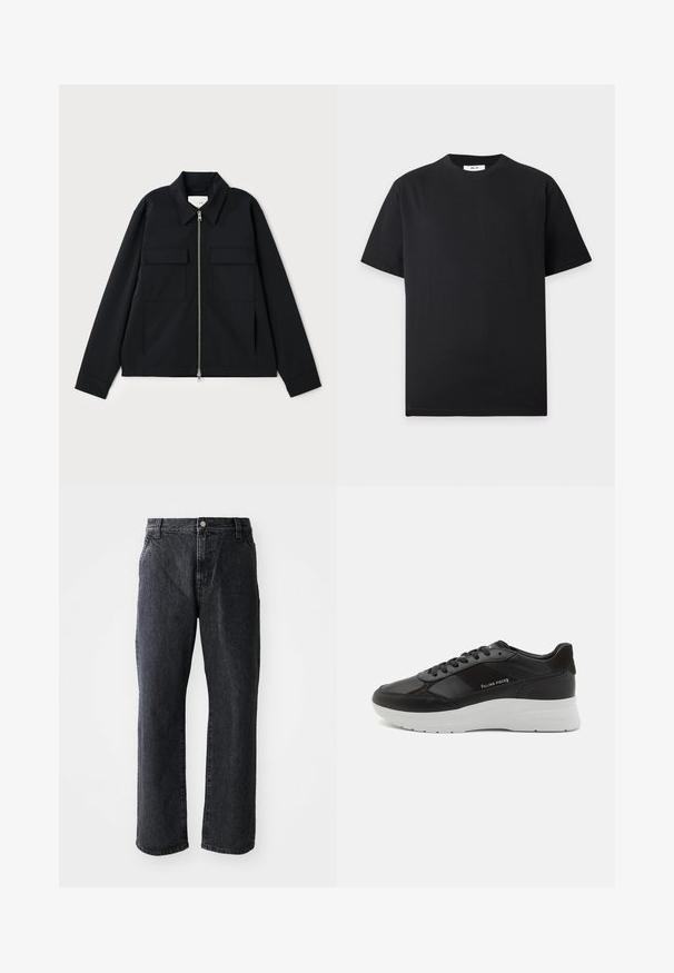 Schwarze Jacke mit einem kragenförmigen Ausschnitt, einem Front-Reißverschluss und zwei Brusttaschen. Hergestellt aus einem glatten Stoff mit einer strukturierten Passform.; Schlichtes schwarzes T-Shirt mit kurzen Ärmeln und Rundhalsausschnitt mit kleinem weißen Etikett innen im Kragen auf hellgrauem Hintergrund.; Schwarze Denim-Jeans mit geradem Schnitt, ausgestattet mit einem Knopfverschluss, fünf Taschen und subtiler Textur. Klassisches Design ohne auffällige Muster.; Schwarze Ledersneaker mit Wildlederdetails, runde Zehenform, weiße Gummisohle und gestickte Verzierungen. Logo seitlich aufgedruckt. Klassisches Schnürdesign.