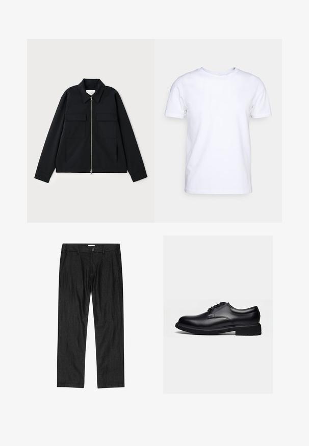 Chaqueta negra con cuello, cierre frontal de cremallera y dos bolsillos en el pecho. Confeccionada en un tejido suave y con un corte estructurado.; Camiseta blanca de manga corta en tejido de algodón con cuello redondo. Diseño simple sin patrones ni acentos. Textura suave.; Pantalones negros de corte recto para hombre con botón frontal, bragueta con cremallera y bolsillos laterales, mostrados planos sobre fondo blanco.; Zapato de vestir de cuero negro pulido con diseño de cordones y suela gruesa de goma, mostrado de lado sobre un fondo claro y simple.