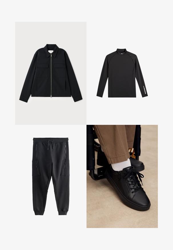 Schwarze Jacke mit einem kragenförmigen Ausschnitt, einem Front-Reißverschluss und zwei Brusttaschen. Hergestellt aus einem glatten Stoff mit einer strukturierten Passform.; Schwarzes Langarm-Sportoberteil mit Stehkragen, schlanker Passform und weißem "J.Lindeberg"-Logo am linken Ärmel und Kragen.; Schwarze Jogginghose mit elastischem Bund, Kordelzug, gerippten Bündchen und vier Reißverschlusstaschen vorne und an den Seiten.; Schwarzer Ledersneaker mit Schnürsenkeln und seitlichem Reißverschluss, getragen mit weißen Socken und brauner Hose, Fuß ruht auf der Fußstütze eines Rollstuhls.