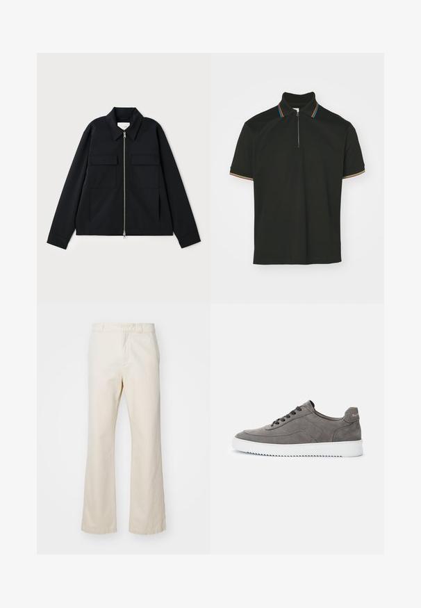Veste noire avec col, fermeture éclair à l'avant et deux poches poitrine. Fabriquée en tissu lisse avec une coupe structurée.; Polo noir avec un col zippé et des rayures multicolores. Manches courtes et texture en coton lisse.; Pantalons en coton beige à coupe droite, dotés d'une fermeture éclair et d'un bouton à l'avant, d'une texture lisse et d'un style minimaliste.; Baskets basses en daim gris avec des lacets noirs et une semelle en caoutchouc blanche, vue latérale, montrant le nom de la marque sur la languette du talon.