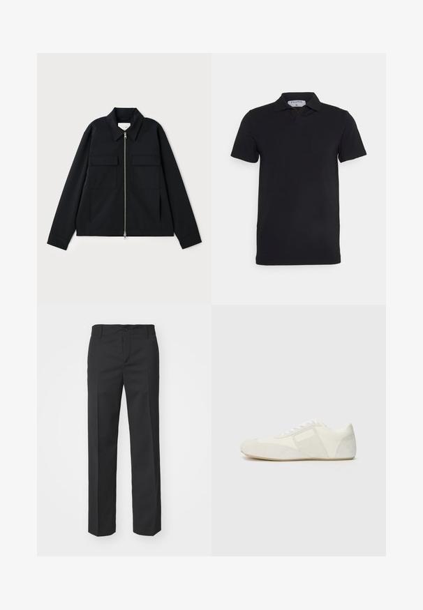 Sort jakke med krave, frontlynlås og to brystlommer. Lavet af et glat materiale med en struktureret pasform.; Sort kortærmet polo-shirt med klassisk krave, lavet af glat stof. Har et mærke med brandnavnet 'Filippa K' ved halsudskæringen.; Filippa K TROY TROUSERS - Bukser - black; Hvid sportsko med et slankt design, der har en splitlæder tåkap, læderpaneler og kontrasterende teksturerede detaljer. Flad gummisål.