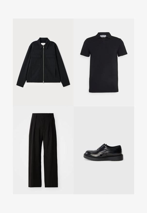 Veste noire avec col, fermeture éclair à l'avant et deux poches poitrine. Fabriquée en tissu lisse avec une coupe structurée.; Polo noir à manches courtes avec un col classique, fabriqué en tissu lisse. Présente une étiquette avec le nom de la marque 'Filippa K' au niveau de l'encolure.; Pantalons larges noirs avec une texture lisse, dotés de deux plis avant, d'une fermeture à bouton et de poches latérales. Tissu durable.; Chaussure en cuir noir à lacets avec un bout rond, surface lisse et une semelle en caoutchouc épaisse dotée de légers rainurages pour une meilleure adhérence.