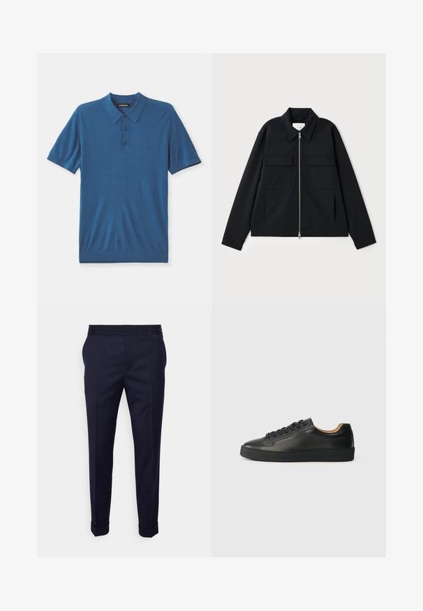 Zwarte jas met een kraag, een rits aan de voorkant en twee borstzakken. Gemaakt van een gladde stof met een gestructureerde pasvorm.; Blauwe polo in zachte stof, met een kraag, drie knopen en korte mouwen. Subtiel logo op de borst.; Navyblauwe broek met een gladde textuur, voorzien van een elastische tailleband en opgerolde manchetten, ontworpen in een tapered fit met zijzakken.; Zwarte lage leren sneaker met gestructureerd oppervlak, zwarte veters en dikke rubberen zool, zijaanzicht op een lichte achtergrond.