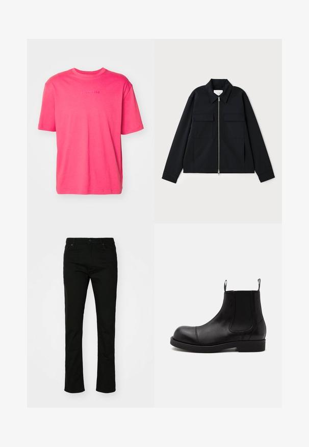 Sort jakke med krave, frontlynlås og to brystlommer. Lavet af et glat materiale med en struktureret pasform.; Kortærmet t-shirt med rund hals i lys pink bomuld med præget brandlogo i midten, der har en afslappet pasform og en glat tekstur.; Sorte denim jeans med lige ben design, fem lomme-stil og knaplukning. Glat tekstur med subtile stikninger detaljer.; Sort læder Chelsea-støvle med rund tå, elastiske sidepaneler, stropper foran og bagpå, flad sål, vist fra siden på hvid baggrund.
