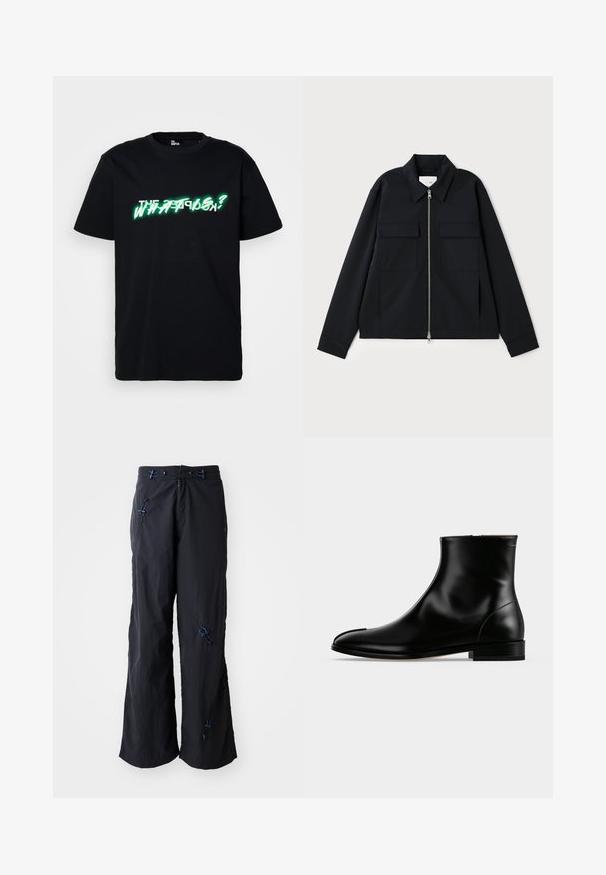 Zwarte jas met een kraag, een rits aan de voorkant en twee borstzakken. Gemaakt van een gladde stof met een gestructureerde pasvorm.; Zwarte katoenen t-shirt met opvallende groene en witte grafische tekst "WHAT IS?" aan de voorkant. Ronde hals en korte mouwen.; Zwarte, lichtgewicht, wijde broek met een textuurafwerking. Voorzien van blauwe accenten en toggles voor aanpassingsmogelijkheden. Rits sluiting.; Zwarte gepolijste leren enkellaars met lage hak en een ritssluiting aan de zijkant, strak en glad ontwerp op een effen lichte achtergrond.