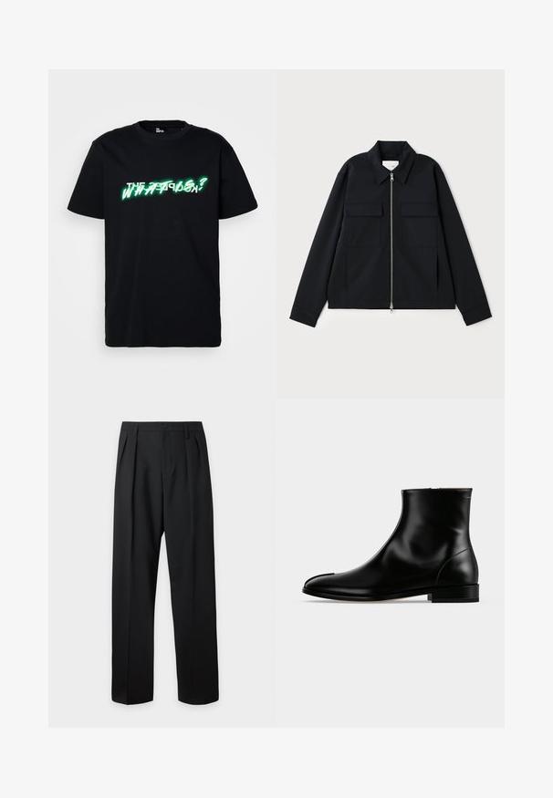 Schwarze Jacke mit einem kragenförmigen Ausschnitt, einem Front-Reißverschluss und zwei Brusttaschen. Hergestellt aus einem glatten Stoff mit einer strukturierten Passform.; Schwarzes Baumwoll-T-Shirt mit auffälligem grünen und weißen grafischen Text auf der Vorderseite, der "WAS IST?" lautet. Mit rundem Halsausschnitt und kurzen Ärmeln.; Schwarze hoch taillierte maßgeschneiderte Hose mit Gürtelschlaufen, vorderen Falten, Knopfverschluss und geraden, weiten Beinen auf hellem Hintergrund.; Schwarzer, polierter Lederknöchelstiefel mit niedrigem Absatz und seitlichem Reißverschluss, schlankes und glattes Design auf einem schlichten hellen Hintergrund.