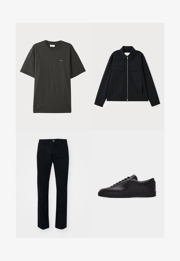 Veste noire avec col, fermeture éclair à l'avant et deux poches poitrine. Fabriquée en tissu lisse avec une coupe structurée.; NN.07 ADAM - T-shirt basique - khaki; Pantalons noirs à jambe droite en coton. Équipés d'un bouton à l'avant, de passants de ceinture et d'une texture lisse et mate. Sans motifs visibles.; Baskets basses en cuir noir avec lacets sur le devant et semelle en caoutchouc plate, vues de côté sur un fond blanc uni.