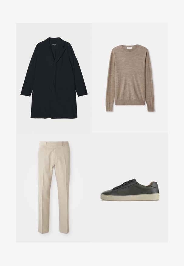 Schwarzer langer Mantel mit Reverskragen, aus leichtem Material gefertigt, mit Seitentaschen und geradem Schnitt. Glatte Textur, minimalistisches Design.; Beiger Pullover aus feinem Strickmaterial. Mit Rundhalsausschnitt, langen Ärmeln und gerippten Bündchen sowie Saum. Einfaches und zeitloses Design.; Beige maßgeschneiderte Hosen aus strukturiertem Stoff, mit flacher Vorderseite, geraden Beinen und einem klassischen Bund mit Gürtelschlaufen.; Schwarzer Low-Top-Lederschuh mit schwarzen Schnürsenkeln und cremeweißer Gummisohle, von der Außenseite vor weißem Hintergrund gesehen.