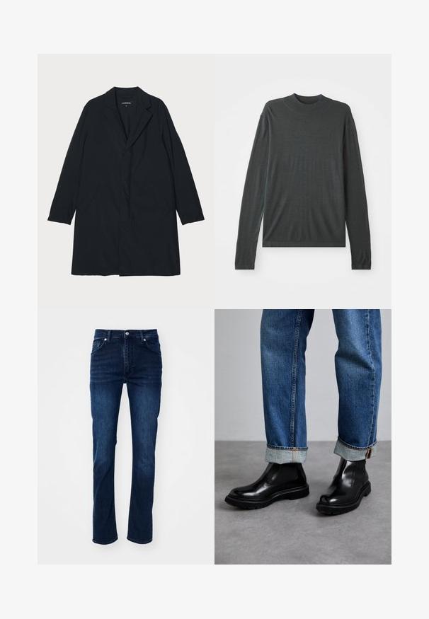Zwarte lange jas met een geknipte kraag, gemaakt van lichtgewicht materiaal, voorzien van zijzakken en een rechte silhouet. Glad textuur, minimalistisch ontwerp.; Donkergrijze lange mouwen brei trui met een hoge, ribbelachtige hals. Zachte textuur, ontspannen pasvorm en geen zichtbare patronen of hardwaredetails.; Donkerblauwe spijkerbroeken met een recht model, voorzien van een klassiek vijf-pocket ontwerp en subtiele stikseldetails.; Zwarte leren enkellaarzen met elastische zijpanelen en gestructureerde rubberen zolen, gecombineerd met opgerolde blauwe denim jeans.