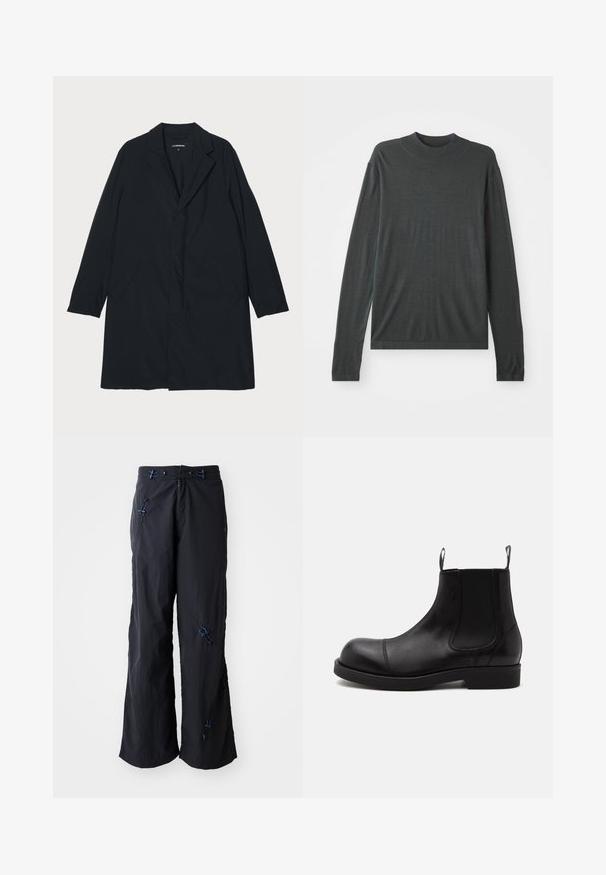 Abrigo largo negro con cuello de muesca, hecho de material ligero, con bolsillos laterales y una silueta recta. Textura suave, diseño minimalista.; Suéter de punto de manga larga gris oscuro con cuello alto acanalado. Textura suave, corte holgado y sin patrones visibles ni detalles metálicos.; Pantalones anchos, ligeros y negros con un acabado texturizado. Presentan acentos azules y toggles para un ajuste. Cierre con cremallera.; Bota Chelsea de cuero negro con punta redondeada, paneles laterales elásticos, tiradores delante y detrás, suela plana, mostrada de lado sobre fondo blanco.