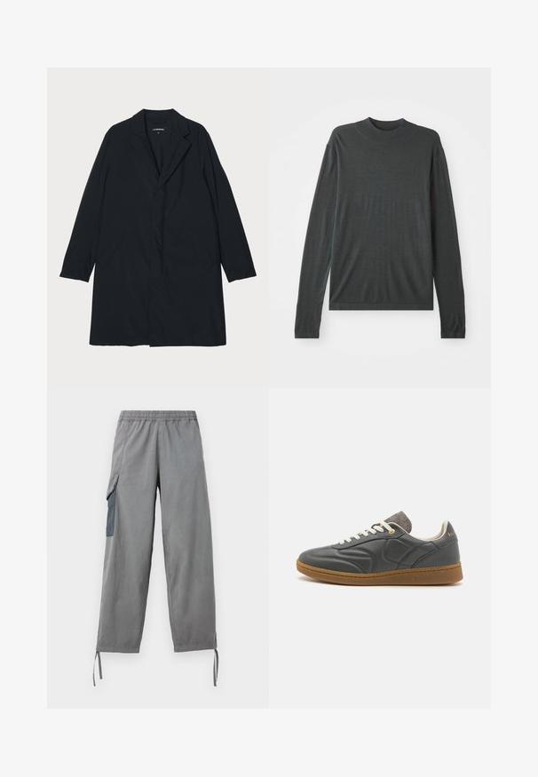 Sort lang frakke med klapkrave, lavet af letvægtsmateriale, med sidelommer og en lige silhuet. Glat tekstur, minimalistisk design.; Mørkegrå langærmet strikket sweater med høj, ribbet krave. Blød tekstur, afslappet pasform og ingen synlige mønstre eller hardwaredetaljer.; Grå letvægts cargo bukser med elastisk talje, sidelomme, justerbare bukseafslutninger og en glat tekstur.; Mørkegrå lædersneakers med rund tå, hvide snørebånd, lysbrun gummisål og diskrete grå tekstildetaljer ved kraven. Guld logo detajle.
