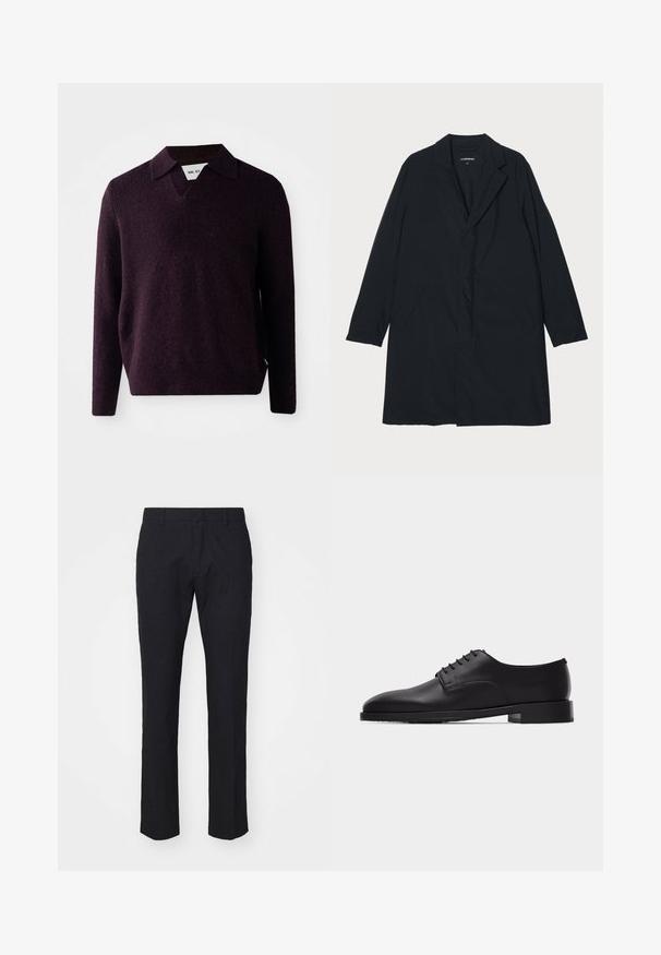 Manteau long noir avec un col cranté, en matériau léger, comportant des poches latérales et une silhouette droite. Texture lisse, design minimaliste.; Pull en maille de couleur violet foncé avec un col en V, des manches longues et une finition texturée. Présente un col classique et une étiquette sur le côté.; Pantalon bleu marine avec une coupe ajustée, fabriqué en tissu lisse. Il présente un devant plat, des passants de ceinture et des jambes droites avec un ourlet soigné.; Chaussure Oxford en cuir noir pour hommes, avec laçage fermé et petit talon empilé, vue de profil sur fond blanc.