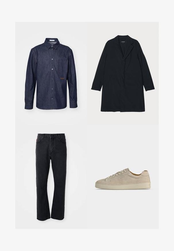 Manteau long noir avec un col cranté, en matériau léger, comportant des poches latérales et une silhouette droite. Texture lisse, design minimaliste.; Chemise en denim foncé avec un devant boutonné, un col pointu, une poche poitrine unique et des détails de couture contrastants.; Jean en denim noir avec une coupe droite, taille haute, fermeture par bouton, et des détails de couture subtils le long des poches et des coutures.; Baskets basses beiges en daim avec fermeture lacée et semelle épaisse en caoutchouc, vues de profil sur fond blanc uni.