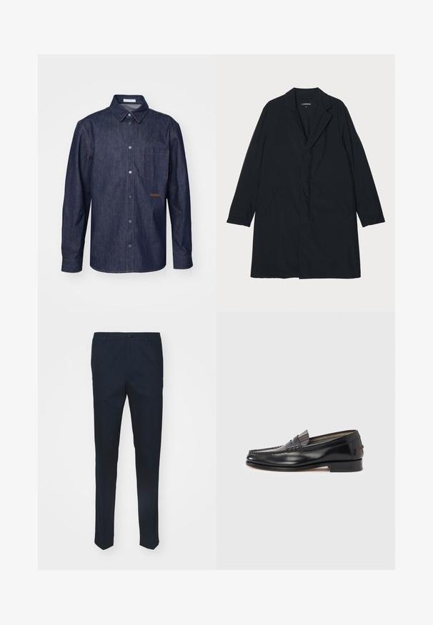 Manteau long noir avec un col cranté, en matériau léger, comportant des poches latérales et une silhouette droite. Texture lisse, design minimaliste.; Chemise en denim foncé avec un devant boutonné, un col pointu, une poche poitrine unique et des détails de couture contrastants.; Pantalons bleu marine en tissu tissé, avec une coupe droite, une fermeture à bouton et des plis avant pour une apparence raffinée.; Mocassins en cuir noir avec un design de style mocassin, présentant une bande décorative et un détail de couture sur le dessus. Talon bloc bas.