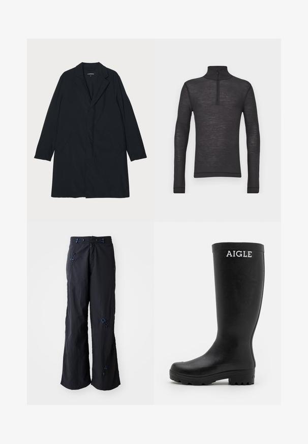 Sort lang frakke med klapkrave, lavet af letvægtsmateriale, med sidelommer og en lige silhuet. Glat tekstur, minimalistisk design.; Sorte langærmede turtleneck skjorte lavet af et tekstureret stof, med en halvlåzipper ved kraven og tætsiddende ærmer.; Sorte, lette bukser med vidde og struktureret overflade. Har blå detaljer og justerbare toggles. Lynlåslukning.; Sorte gummistøvler med en glat overflade, høj skaft og en robust, rillet sål. Har et hvidt AIGLE-logo foran.