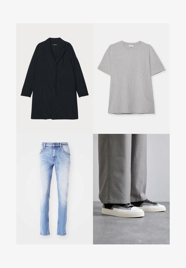 Schwarzer langer Mantel mit Reverskragen, aus leichtem Material gefertigt, mit Seitentaschen und geradem Schnitt. Glatte Textur, minimalistisches Design.; Graues T-Shirt mit kurzen Ärmeln aus weichem, strukturiertem Stoff. Verfügt über einen klassischen Rundhalsausschnitt und einen geraden Saum, geeignet für legere Trageanlässe.; Helle blaue Denim-Jeans mit einem ausgebleichten Finish, geradem Bein, fünf Taschen, Gürtelschlaufen und einem Knopfverschluss an der Taille.; Filling Pieces RIVIERA - Sneaker low - grey