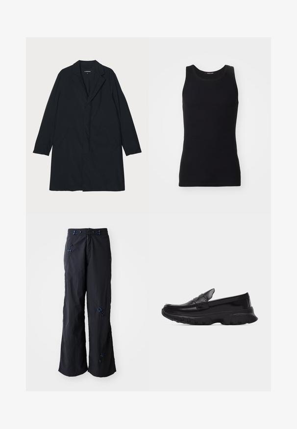 Sort lang frakke med klapkrave, lavet af letvægtsmateriale, med sidelommer og en lige silhuet. Glat tekstur, minimalistisk design.; Sort tanktop lavet af et glat, strækbart materiale. Har en rund halsudskæring og ingen ærmer, med en tætsiddende pasform og enkelt design.; Sorte, lette bukser med vidde og struktureret overflade. Har blå detaljer og justerbare toggles. Lynlåslukning.; Sort skinnende loafer med tyk tekstureret sål og syningdetaljer, sideprofil på ensformig lysegrå baggrund.