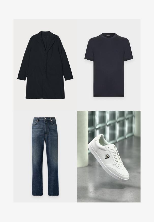 Sort lang frakke med klapkrave, lavet af letvægtsmateriale, med sidelommer og en lige silhuet. Glat tekstur, minimalistisk design.; Marineblå t-shirt med korte ærmer og rund hals, med lille broderet logo på venstre bryst mod en ensartet hvid baggrund.; Mørkeblå denim jeans med lige ben, synlige syninger, fem-lomme design og sølvfarvet knaplukning i taljen.; Hvid lavtop-sneaker med snørebånd, sort og hvidt kranielogo på siden, svæver over poleret betongulv nær glasblokvæg.