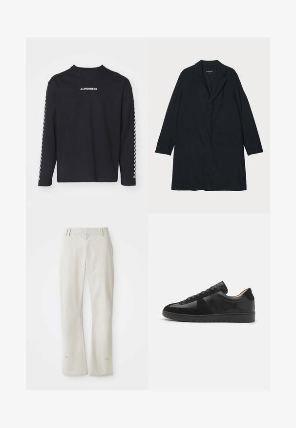 Schwarzer langer Mantel mit Reverskragen, aus leichtem Material gefertigt, mit Seitentaschen und geradem Schnitt. Glatte Textur, minimalistisches Design.; Langärmliges schwarzes T-Shirt aus Baumwolle, mit Rundhalsausschnitt und J.Lindeberg-Logo auf der Brust, mit kariertem Muster an den Ärmeln.; Hellgraue, gerade geschnittene Hose aus glattem Material. Mit Fronttaschen, Gürtelschlaufen und einem dezenten Logo nahe dem Saum.; Tiger of Sweden BELLICU - Sneaker low - black