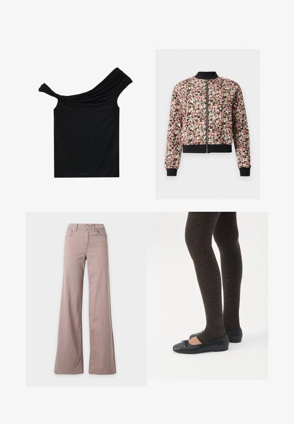 Bomberjakke med lynlås foran med mønster i pink, hvid og brun, sort ribkrave, -manchetter og -kant.; Sort off-shoulder top lavet af et blødt stof. Har snoet detalje ved udskæringen og en tætsiddende silhuet.; Bukser med høj talje og vide ben i lys mauve med forlommer, bæltestropper og knaplukning foran på en ensfarvet baggrund.; Ben iført mørke ribbede leggings kombineret med sorte balletsko med små sløjfedetaljer på hvid baggrund.