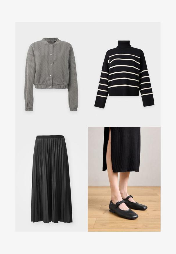Veste grise courte avec un motif texturé, dotée d'un col rond, de manches longues et de fermetures à boutons-pression sur le devant.; Pull à col roulé noir à manches longues avec des rayures blanches horizontales sur le corps et les manches.; Jupe maxi plissée noire avec une texture lisse et une taille élastique, dotée de plis verticaux qui créent du volume et du mouvement.; Ballerines Mary Jane en cuir noir avec un petit talon, présentant un bout rond et un détail de boucle sur le côté. Le design texturé améliore l'attrait visuel.