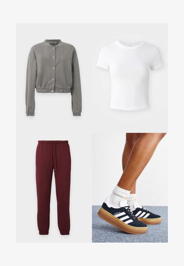 Grijs kort jasje met een gemarmerd patroon, voorzien van een ronde kraag, lange mouwen en drukknoopsluitingen aan de voorkant.; Effen witte cropped t-shirt met korte mouwen en ronde hals, weergegeven op een neutrale lichte achtergrond.; Bordeaux joggerbroeken met elastische tailleband, trekkoord, zijzakken en elastische boorden op een effen witte achtergrond.; Ben met witte sokken en zwarte Adidas Gazelle sneakers met witte strepen en dikke bruine zolen op een grijs tapijt.