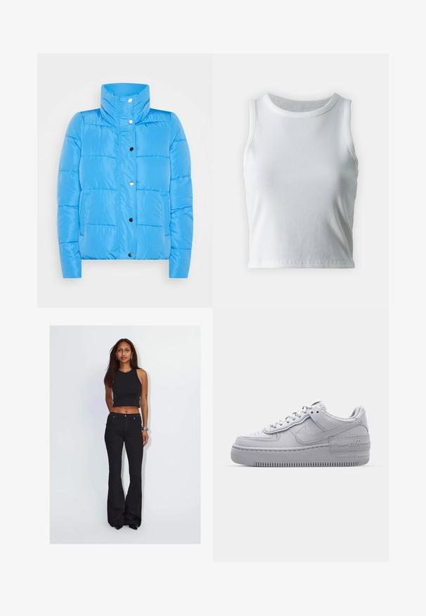 Blauwe pufferjack met een hoge kraag, drukknoopsluiting en twee voorzakken. Het materiaal is glad met gestikte paneel-details.; Witte geribde tanktop met een ronde halslijn en mouwloos ontwerp, voorzien van een rechte zoom en een gladde, rekbare textuur.; Vrouw met lang donker haar die een zwarte mouwloze cropped top en zwarte hoog getailleerde wijde broek draagt, staand tegen een effen lichte achtergrond.; Grijze Nike Air Force 1 sneaker met geperforeerde neus, glad leren bovenwerk, dikke zool en verhoogde 'AIR' details op de hiel.
