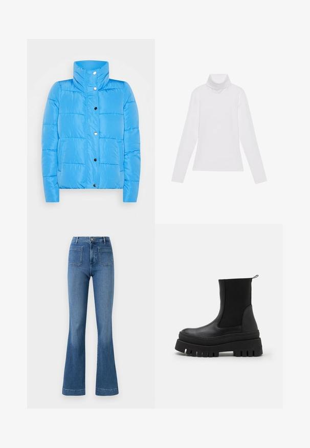 Blauwe pufferjack met een hoge kraag, drukknoopsluiting en twee voorzakken. Het materiaal is glad met gestikte paneel-details.; Witte lange mouw turtleneck top gemaakt van glad, elastisch materiaal. Voorzien van een hoge kraag en een getailleerd ontwerp, zonder zichtbare patronen of versieringen.; Gelaste blauwe spijkerbroeken van denim met een middellange taille, voorzien van twee achterzakken en een schone zoom. Soepele textuur en klassiek ontwerp.; Zwarte enkellaarsjes met een glad leren bovenwerk, elastische zijpanelen en een stevige rubberen zool met diepe groeven voor grip.