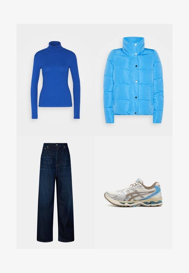 Chaqueta de plumas azul con cuello alto, cierre de botones a presión y dos bolsillos frontales. El material es suave y cuenta con detalles de paneles cosidos.; Top de cuello alto de manga larga azul fabricado en material acanalado, con una silueta ajustada y textura suave. No se presentan detalles adicionales.; Jeans de tiro alto, de pierna ancha y de color azul oscuro, con bolsillos frontales, botón y cierre de cremallera, exhibidos sobre un fondo liso.; Zapatilla de running blanca y beige con detalles azules, parte superior de malla, suela acolchada y diseño con cordones, mostrada desde el lado exterior.