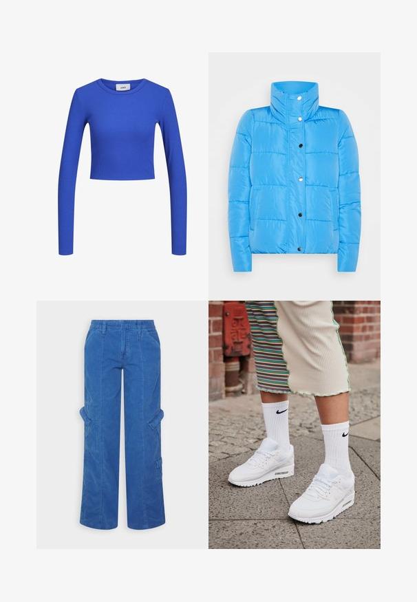 Blauwe pufferjack met een hoge kraag, drukknoopsluiting en twee voorzakken. Het materiaal is glad met gestikte paneel-details.; Blauw langwerpig gebreid crop top met een ronde hals. Effen textuur en aansluitend ontwerp, met een subtiel patroon overal. Merklabel zichtbaar.; BDG Urban Outfitters Cargobroek - bright blue; Witte Nike Air Max 90 sneakers met een bovenwerk van mesh en leer, voorzien van een zichtbare luchtunit, gecombineerd met witte geribbelde sokken met een zwart logo.